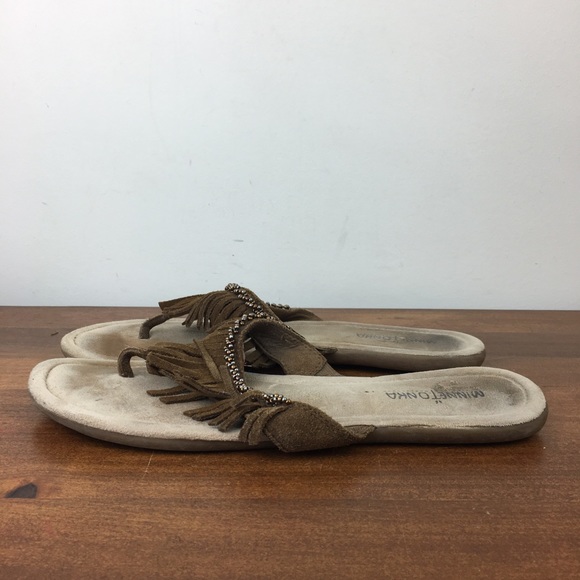 Minnetonka Thong Flip Flop Sandal Women’s Size 10M Brown Beaded Fringe Suede. - Picture 5 of 11